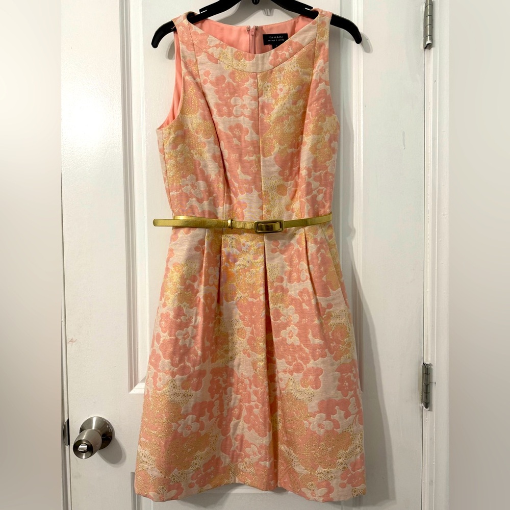 Tahari spring pink and gold metallic dress size 8